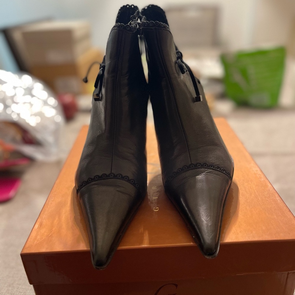 Pointed Toe Black Leather Ankle Booties with Decorative Trim